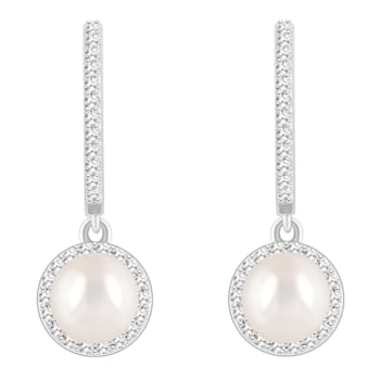 6mm Cultured Freshwater Pearl 1/3 ctw Diamond Rhodium Over Sterling
Silver Halo Dangle Earrings