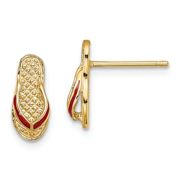 14k Yellow Gold Textured 3D Red Enamel Flip-Flop Stud Earrings