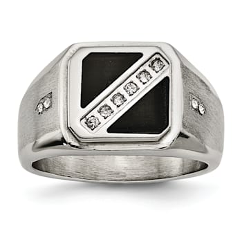 White Cubic Zirconia And Black Enamel Stainless Steel Men's Ring