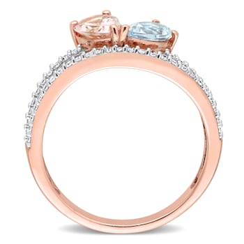 1.39ctw Morganite, Aquamarine And Diamond 10k Rose Gold 2-Stone Ring