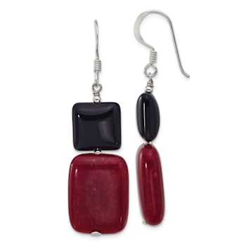 Sterling Silver Polished Black Agate and Red Jadeite Dangle Earrings