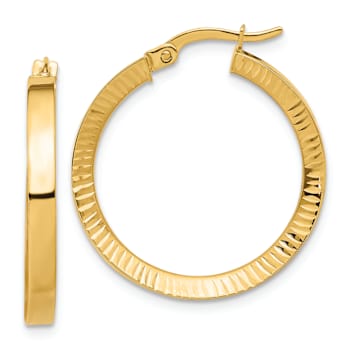 14k Yellow Gold 1 1/16" Polished and Diamond-Cut Hoop Earrings