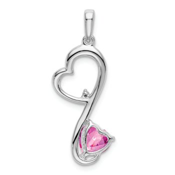 Rhodium Over 14k White Gold Lab Created Pink Sapphire and Diamond Heart Pendant