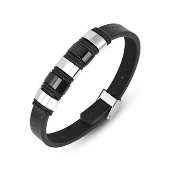Mens Black Leather and Stainless Steel Station Bracelet