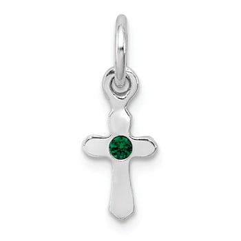 Rhodium Over Sterling Silver Child's May Green Preciosca Crystal Cross Pendant