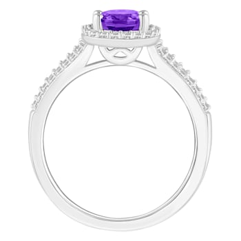 8x6mm Oval Amethyst 1/4 ctw Diamond Rhodium Over Sterling Silver Halo Ring