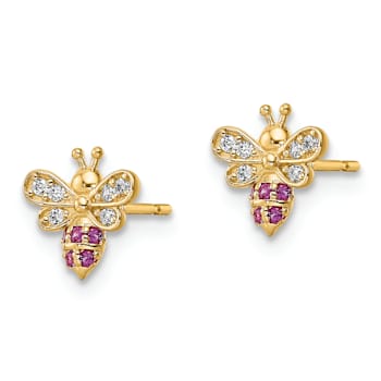 14K Yellow Gold Clear and Red Cubic Zirconia Bee Post Earrings