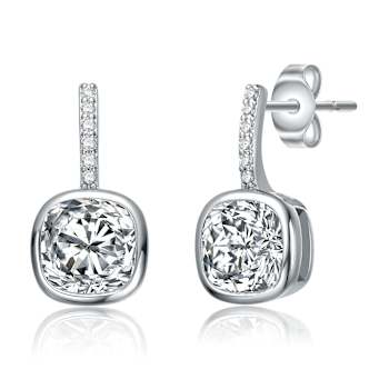 Square CZ Bezel-Set Drop Earrings In White Rhodium Over Brass