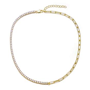 CZ Half Tennis Half Link Necklace In 14K Gold Over Brass