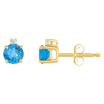 4mm Round Blue Topaz with Diamond Accents 14k Yellow Gold Stud Earrings