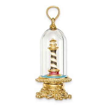 14k Yellow Gold Enameled 3D Lighthouse In Glass Dome Charm