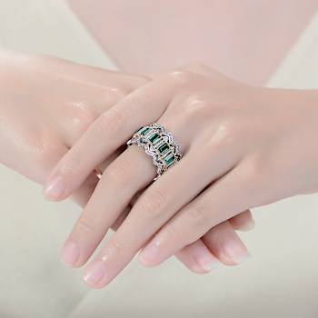 Emerald Color CZ Baguette Cocktail Ring In 14K White Gold Over Brass