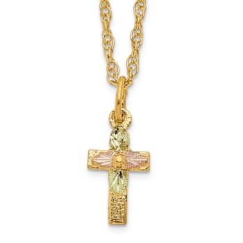 10k Yellow Gold With 12k Rose Gold and 12k Green Gold Accent Cross
Pendant With 18 Inch Ropa Chain