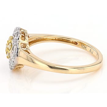 Natural Yellow And White Diamond 10k Yellow Gold Cluster Ring 0.35ctw