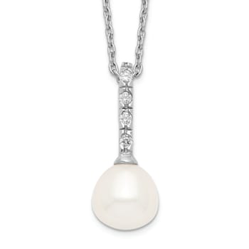 Rhodium Over Sterling Silver 7-8mm White Freshwater Cultured Pearl Cubic
Zirconia Necklace