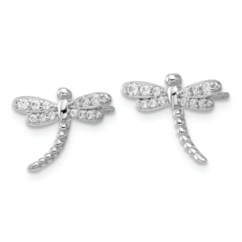 Rhodium Over Sterling Silver Polished Cubic Zirconia Dragonfly Post Earrings