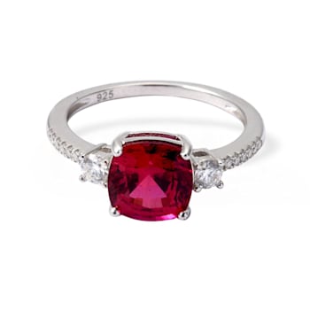 Red Lab Created Ruby Rhodium Over Sterling Silver 3-Stone Ring