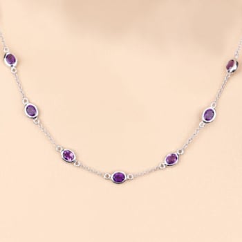 Oval Purple Amethyst By the Yard Rhodium Over Sterling Silver Station
Necklace 6.12ctw