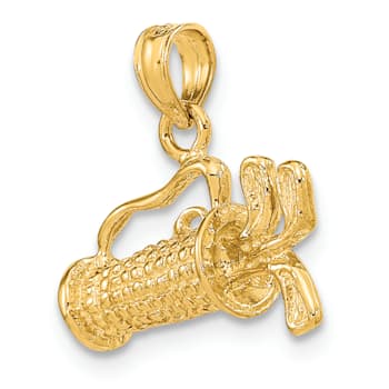 14k Yellow Gold Solid 3D Polished and Textured Golf Bag with Clubs pendant