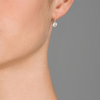 Square CZ Bezel-Set Drop Earrings In White Rhodium Over Brass