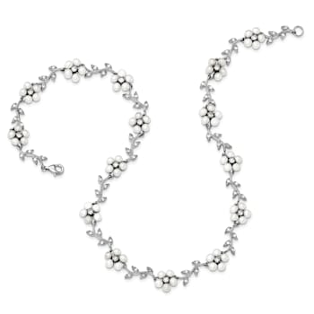 Rhodium Over Sterling Silver FW Cultured Pearl and Cubic Zirconia Floral Necklace