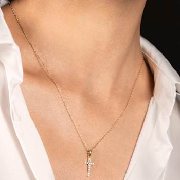 White Cubic Zirconia 14k Yellow Gold Cross Pendant With Chain 0.30ctw