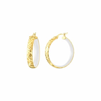 14K Yellow Gold Over Sterling Silver Enamel Hammered Hoop Earrings in White