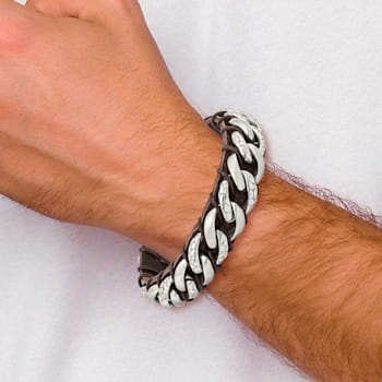 Brown Leather and Stainless Steel Brushed Polished and Textured 8.5-inch Bracelet