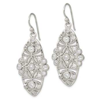 Sterling Silver Polished and Textured Cubic Zirconia Fancy Dangle Earrings