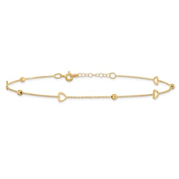 14K Yellow Gold Polished and Diamond-cut Heart with 1-inch Extension Anklet