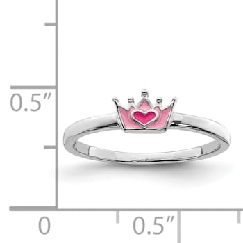 Rhodium Over Sterling Silver Polished Pink Enamel Crown Children's Ring