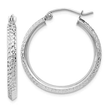 Rhodium Over 14k White Gold 1" Knife Edge Diamond-Cut Hoop Earrings