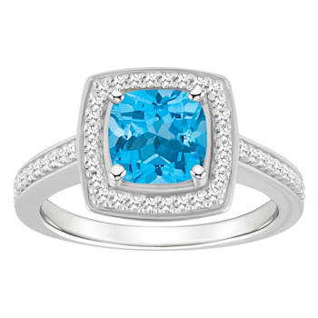 7mm Cushion Blue Topaz 1/4 ctw Diamond Rhodium Over Sterling Silver Halo Ring
