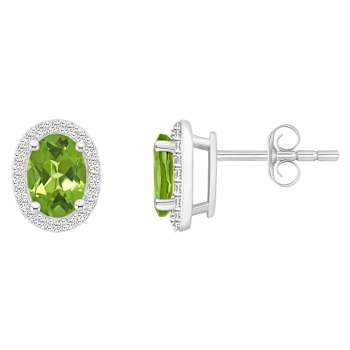 7x5mm Oval Peridot And Created White Sapphire 10k White Gold Halo Stud Earrings