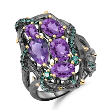 Amethyst and Green Nanocrystal Black Rhodium Over Sterling Silver Ring