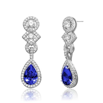 Sapphire Color CZ Halo Drop Earrings In Sterling Silver
