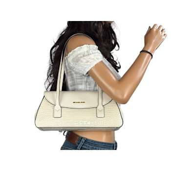 Michael Kors Katya Medium Shoulder Flap Handbag in Exotic Embossed Light Cream