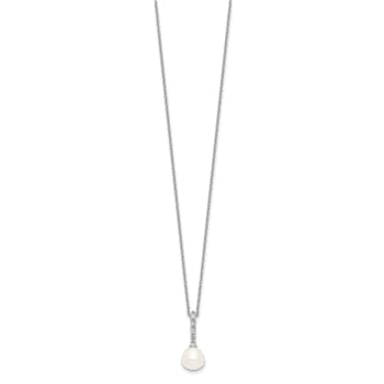 Rhodium Over Sterling Silver 7-8mm White Freshwater Cultured Pearl Cubic
Zirconia Necklace