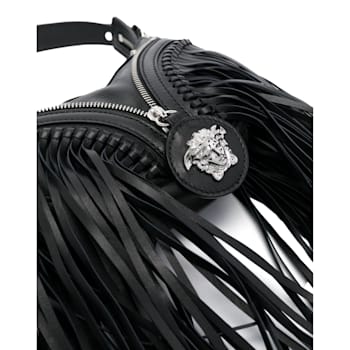 Versace Repeat Fringe La Medusa Mini Hobo Shoulder Bag Black Leather