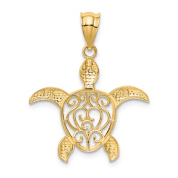 14K Yellow Gold Polished Filigree Sea Turtle Pendant