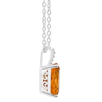 10x8mm Emerald Cut Citrine With Diamond Accents Rhodium Over Sterling
Silver Pendant with Chain
