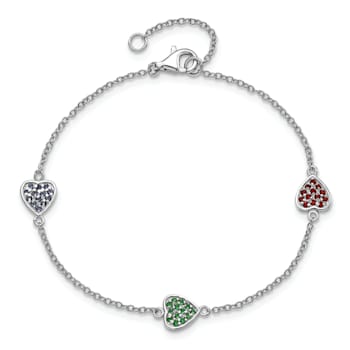 Rhodium Over Sterling Silver Red, Green and Blue Glass Heart with 1-inch
Extension Bracelet