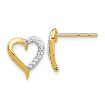 14k Yellow Gold and Rhodium Over 14k Yellow Gold Diamond Heart Stud Earrings