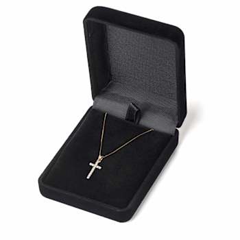 White Cubic Zirconia 14k Yellow Gold Cross Pendant With Chain 0.30ctw