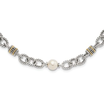 Sterling Silver Antiqued with 14K Accent Freshwater Cultured Pearl Necklace
