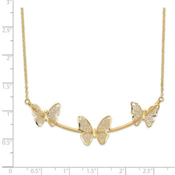 14K Yellow Gold Polished Filigree 3-Butterfly Bar Necklace