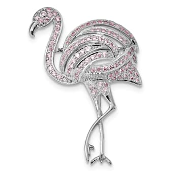 Rhodium Over Sterling Silver Pink Cubic Zirconia Flamingo Pin Brooch