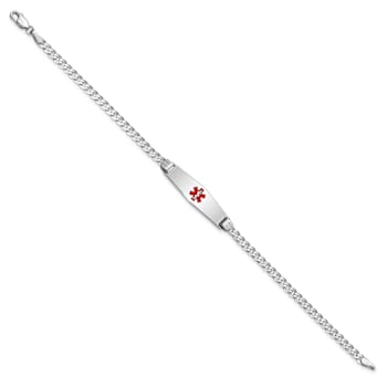 Rhodium Over 14k White Gold Medical Soft Diamond Shape Red Enamel Flat
Curb Link ID Bracelet