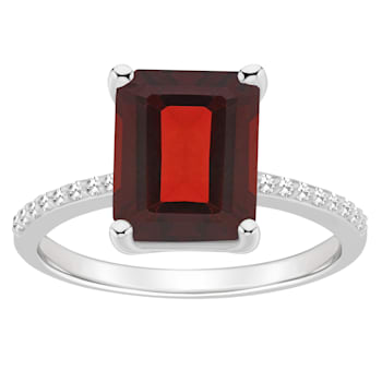10x8mm Emerald Cut Garnet and 1/10 ctw Diamond Rhodium Over Sterling
Silver Ring