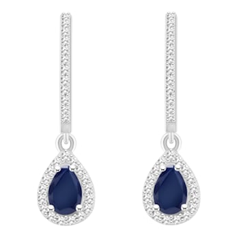 6x4mm Pear Shape Sapphire 1/3 ctw Diamond Rhodium Over Sterling Silver
Dangle Halo Earrings